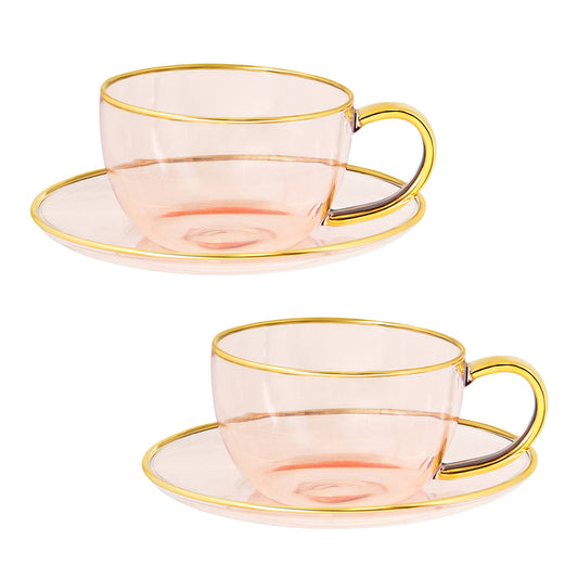 Cristina Re Rose Glass Set of 2 Teacups & Saucers