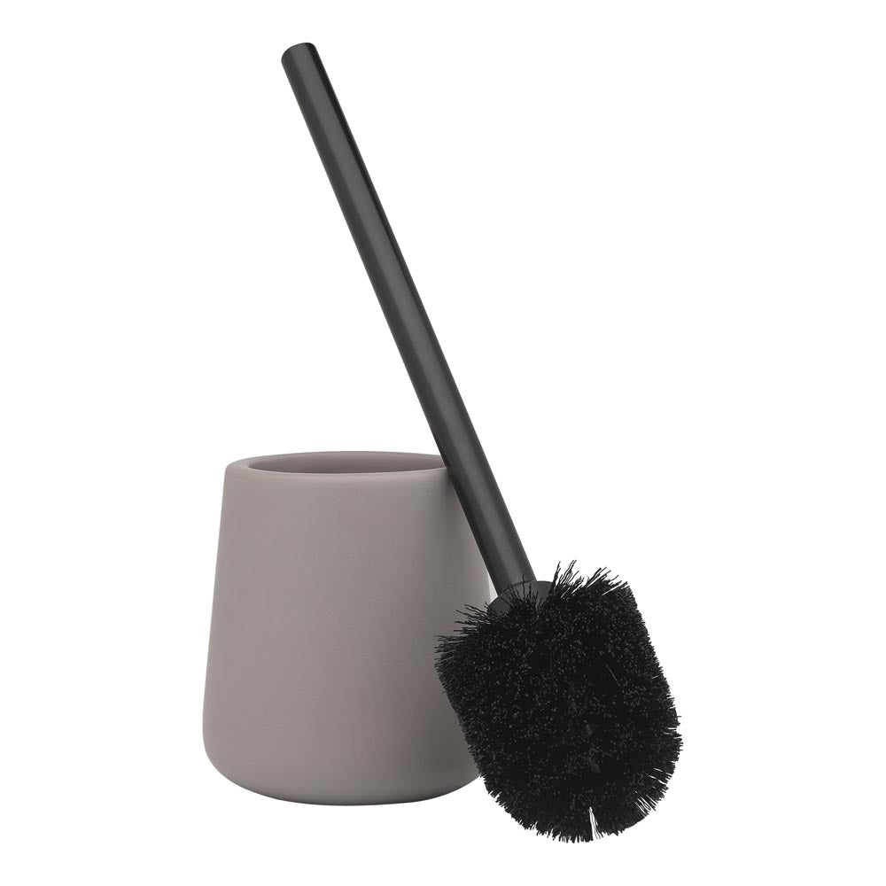 grey toilet brush holder with black toilet brush - House