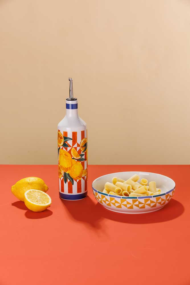 Porto Valentina Oil Bottle 750ml Orange Stripe with lemons at House