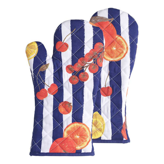 Porto Valentina Set of 2 Oven Gloves Blue Stripe Tomato medley at House