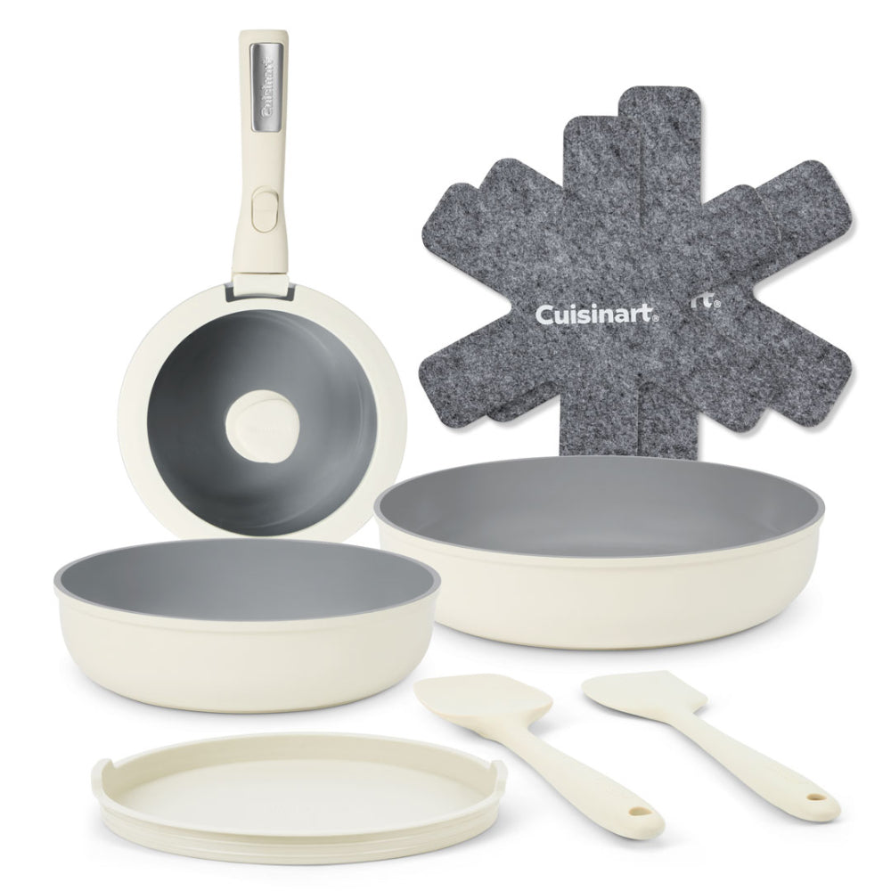 Cuisinart 10 piece cookware set including a fry pan, 8 inch skillet, 10 inch skillet, storage lids, stirring spoon and a detachable handle.