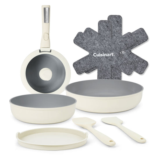 Cuisinart 10 piece cookware set including a fry pan, 8 inch skillet, 10 inch skillet, storage lids, stirring spoon and a detachable handle.