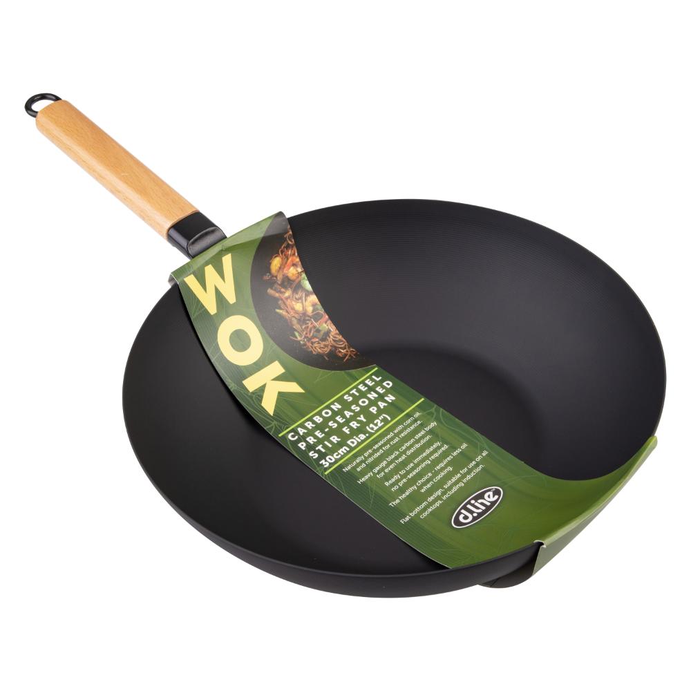 Dline Black Carbon Steel Pre-Seasoned Stir Fry Pan 30cm
