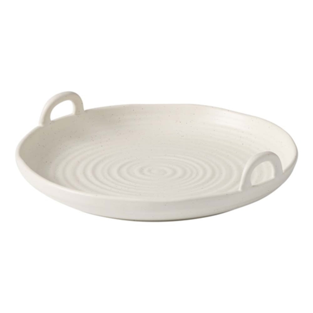 Ecology Ottawa shallow serving bowl with handles on the side. The serving bowl is crafted from stoneware and has a textured finish.