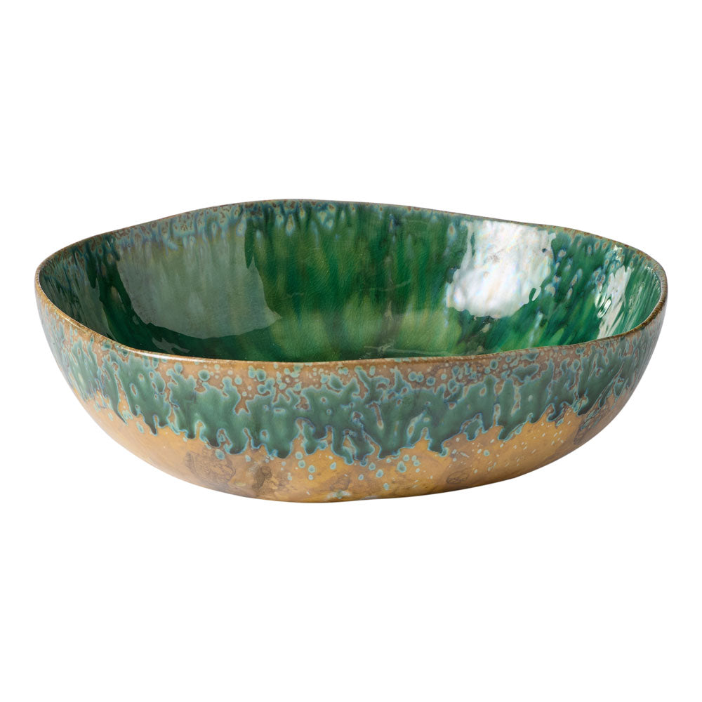 The Ecology Fieldstone Verde serving bowl features an earthy green and brown design.