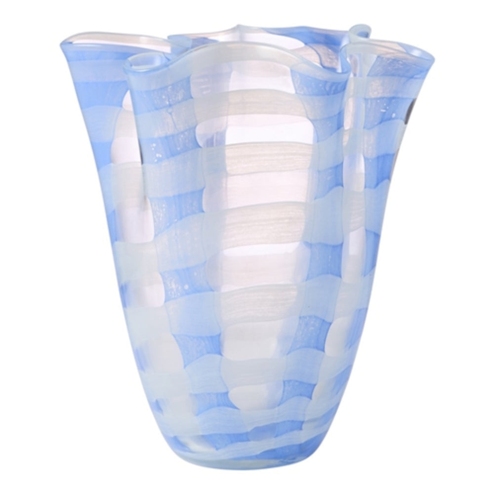 Glass vase with a blue and white stripped pattern and a ruffled designed rim.