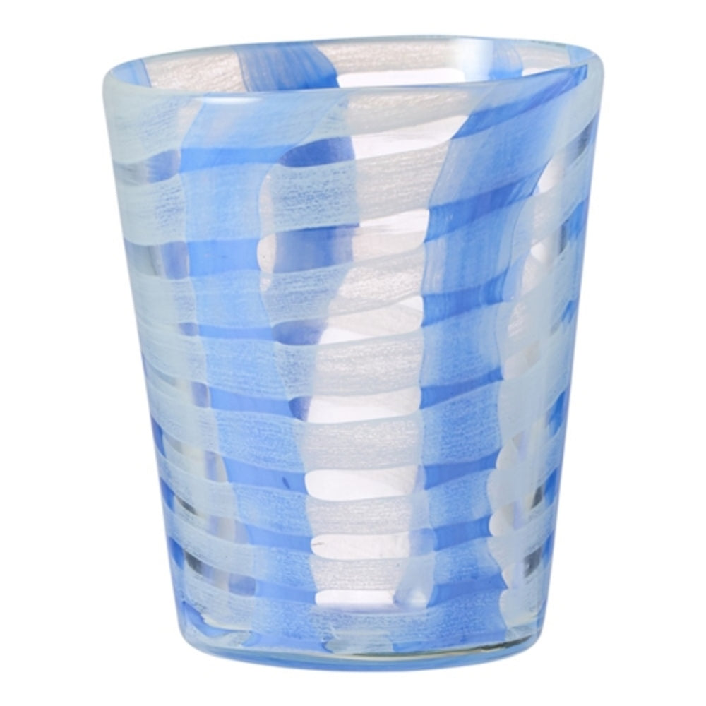 Glass Vase with a blue and white stripped pattern.