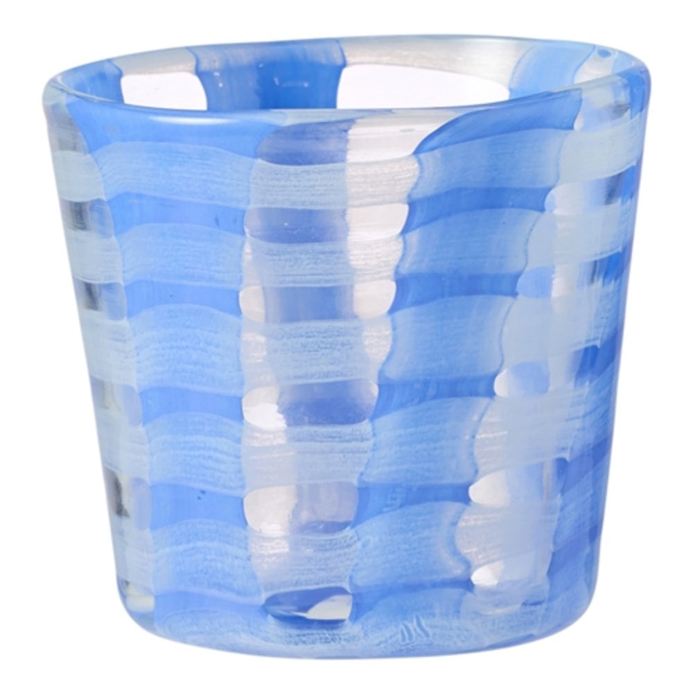 Glass tea light holder with a blue and white striped design