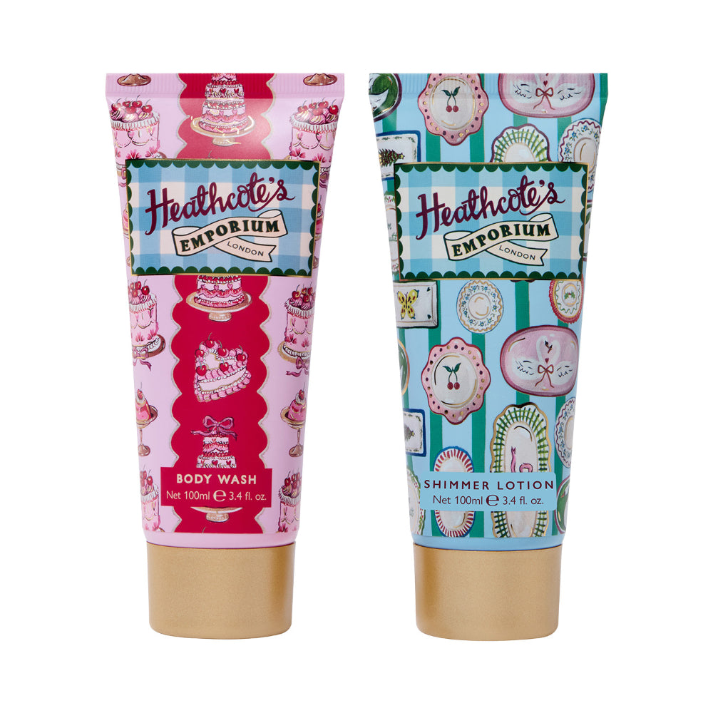 The 100ml body wash and 100ml shimmer lotion bottles displayed side by side.