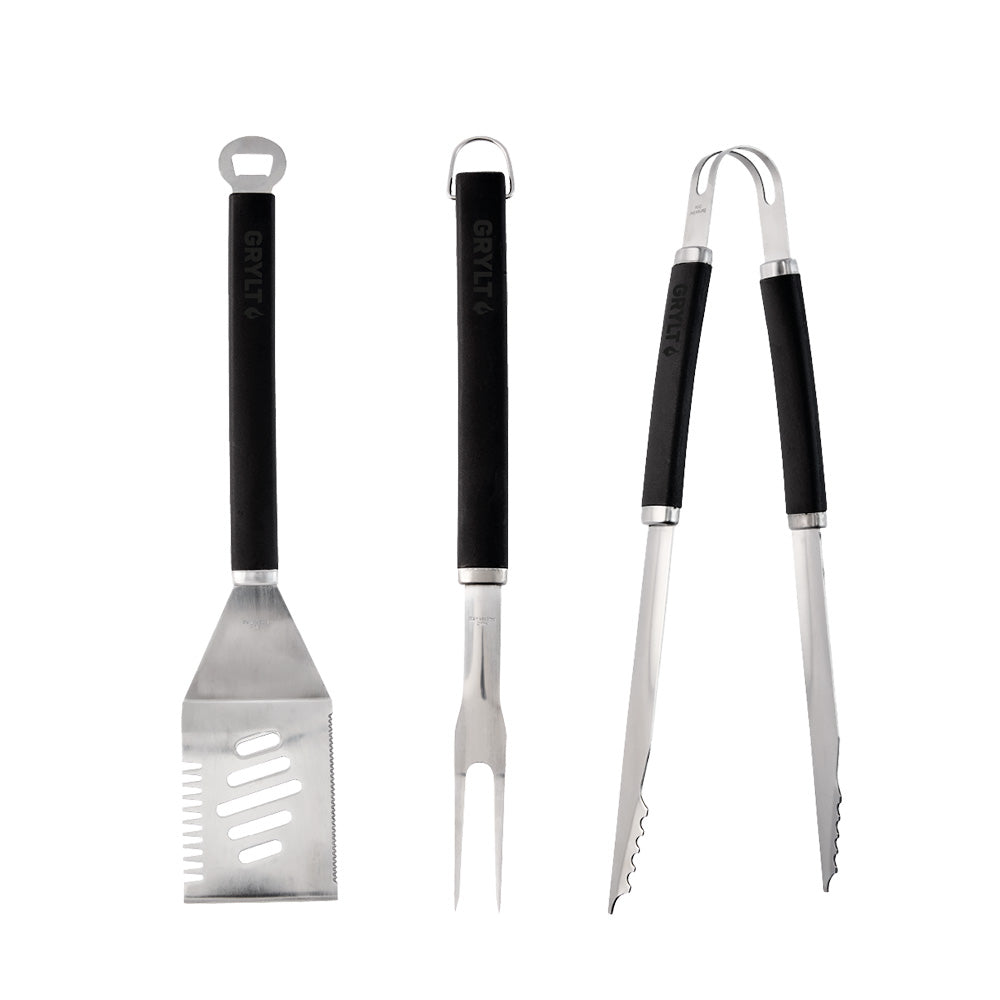 GRYLT 3 Piece BBQ Utensil Set with tongs, fork, spatula - House