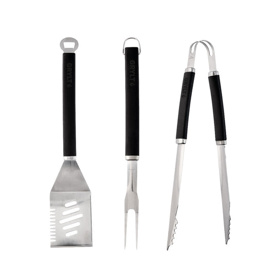 GRYLT 3 Piece BBQ Utensil Set with tongs, fork, spatula - House
