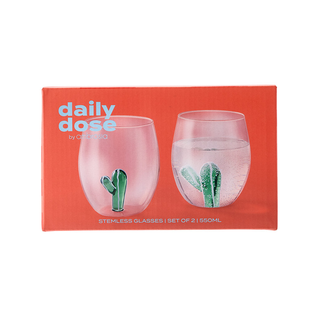 Daily Dose by Ambrosia Set of 2 Cactus Stemless Glasses