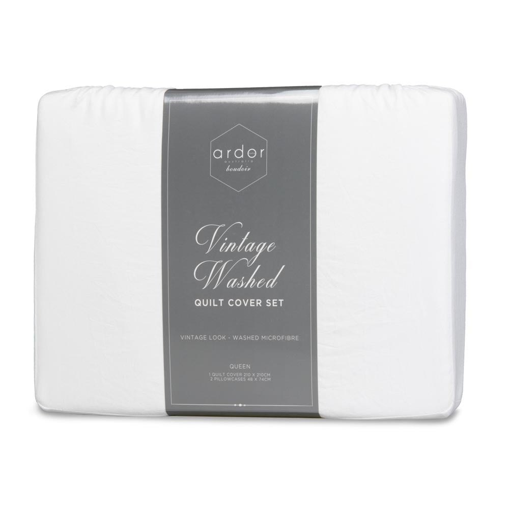 Ardor Boudoir Vintage Washed Quilt Cover Set White Queen at House