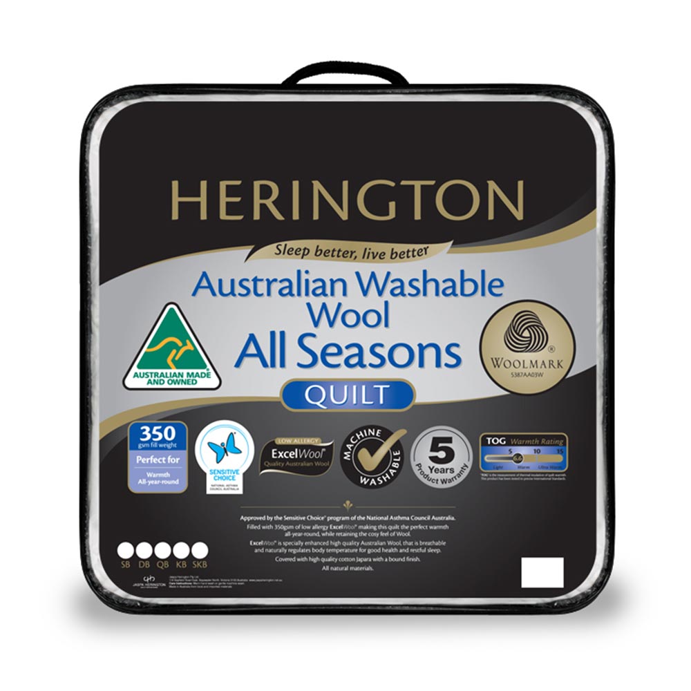 Herington Washable Australian Wool All Seasons Quilt 350GSM Packaging Image at House 