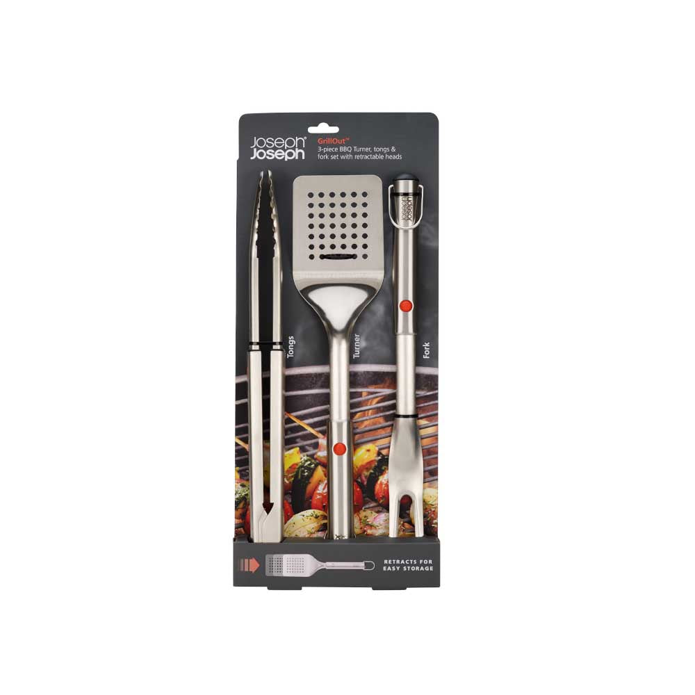 Joseph Joseph Grillout 3-Piece BBQ Turner, Tongs & Fork Set With Retractable Heads at House