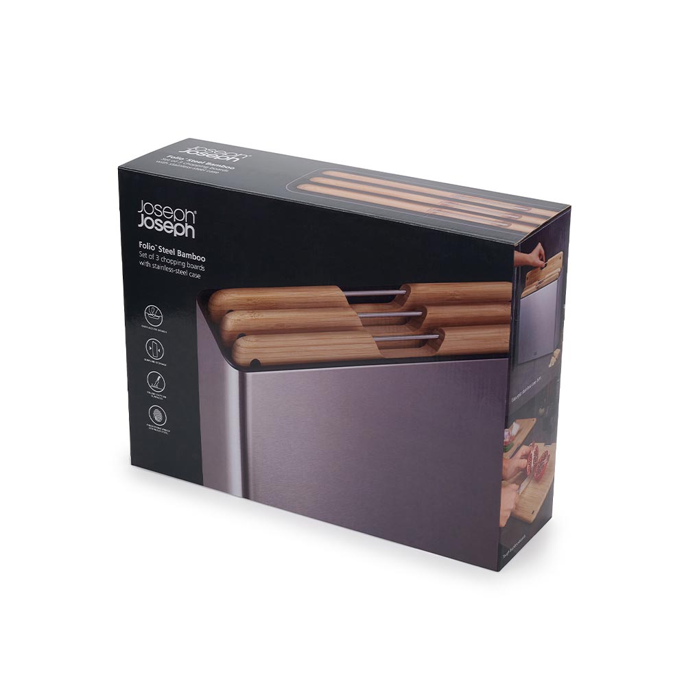 Joseph Joseph Folio Steel Bamboo 3 Piece Chopping Board Set with Storage Case