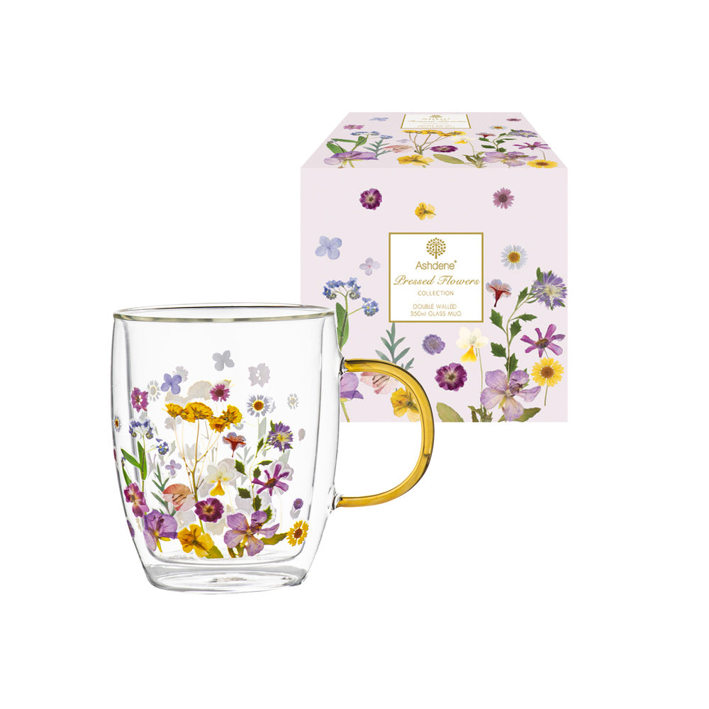 Ashdene Pressed Flowers Double Wall Glass Mug 350ml