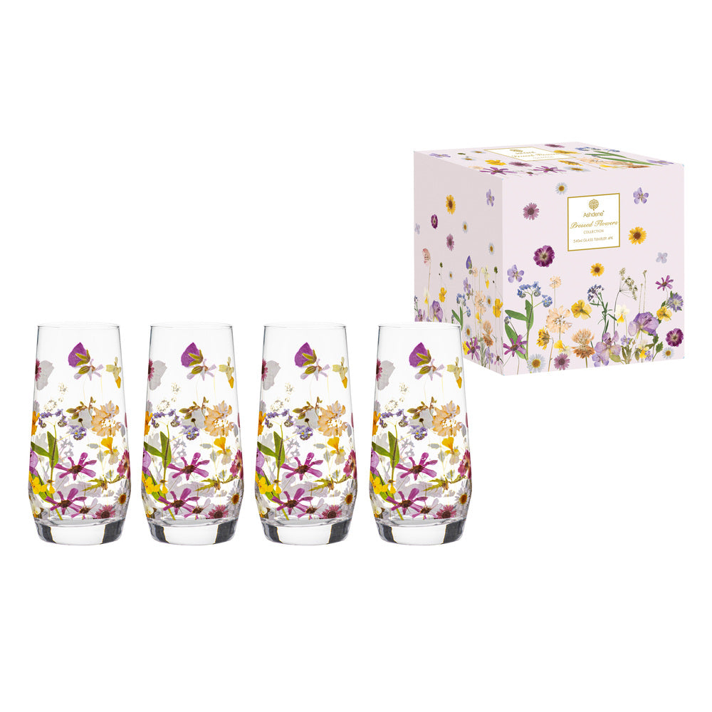 Ashdene Pressed Flowers Set Of 4 Glass Highball Tumblers