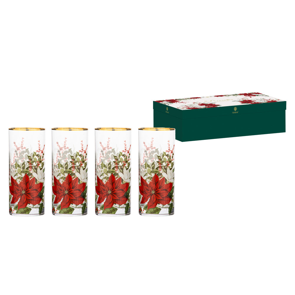 Ashdene Poinsettia Glass 4 Pack of Highball Tumblers