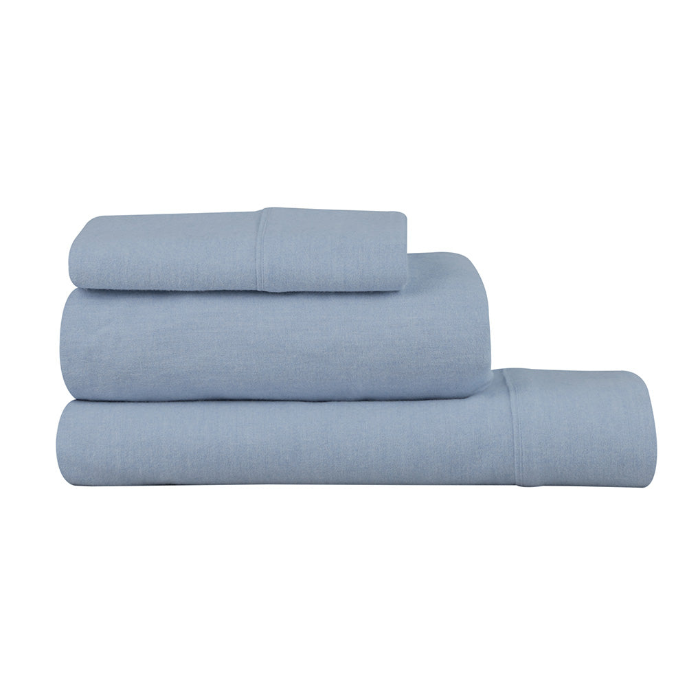 Logan & Mason Plain Dyed Flannelette Sheet Set Chambray Blue - House