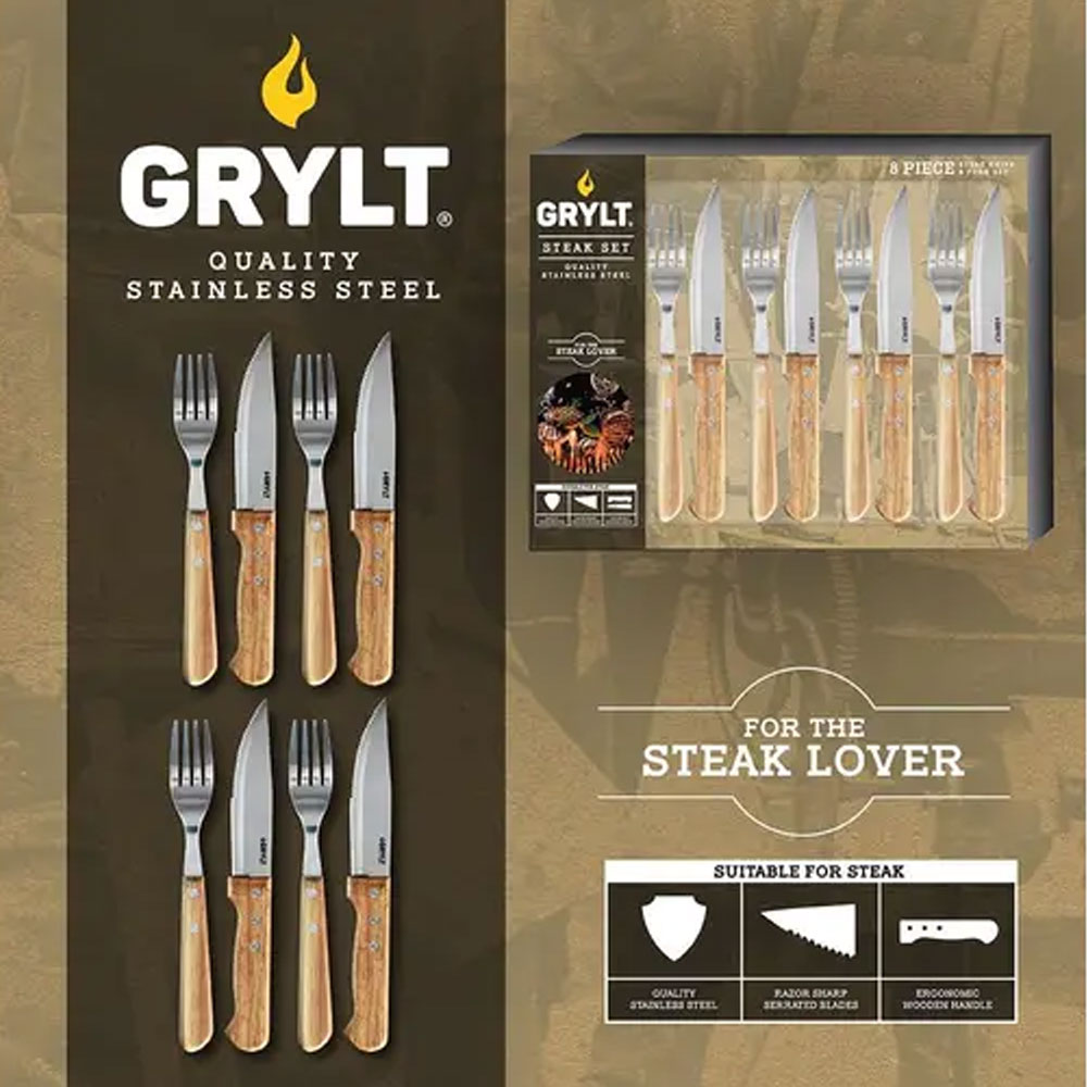 GRYLT 8 Piece Jumbo Steak Knife & Fork Set