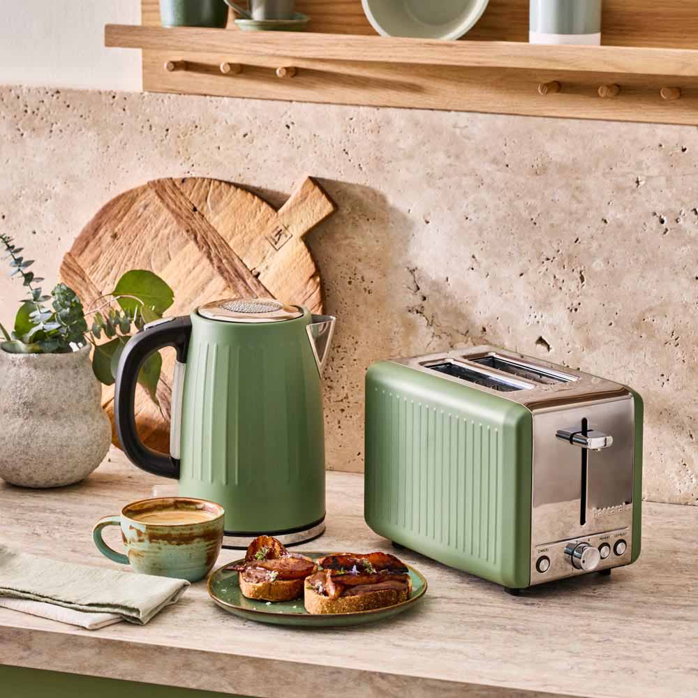 green kettle and green toaster on the kitchen counter