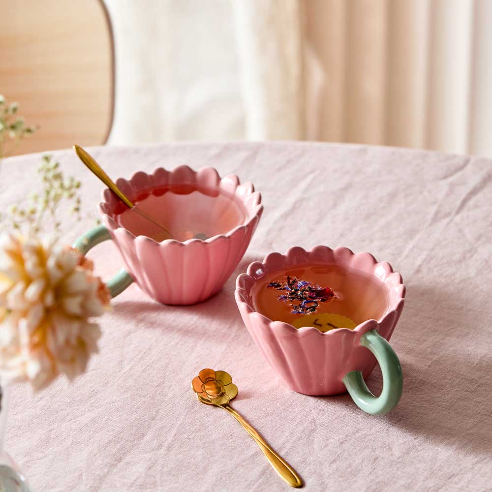 Alex Liddy Posy Set of 2 Flower Tea Cups Flower bud shape with gold spoons at House