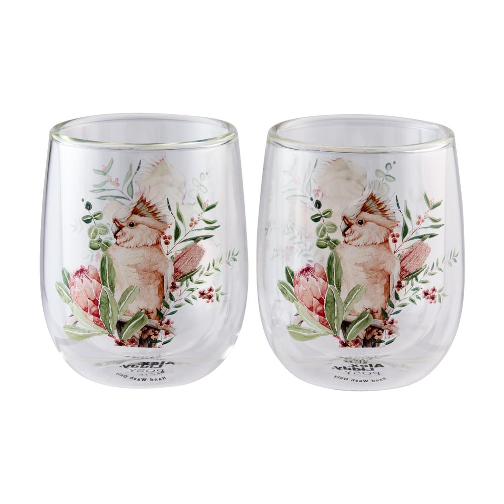 Alex Liddy Posy Set of 2 Double Wall Glass Mugs 250ml with pink cockatoo at House