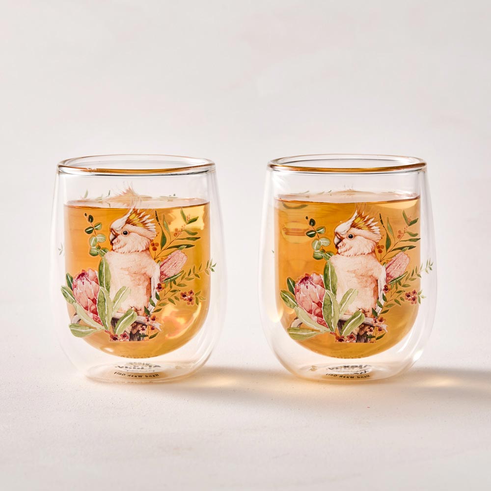 Alex Liddy Posy Set of 2 Double Wall Glass Mugs 250ml with pink cockatoo at House