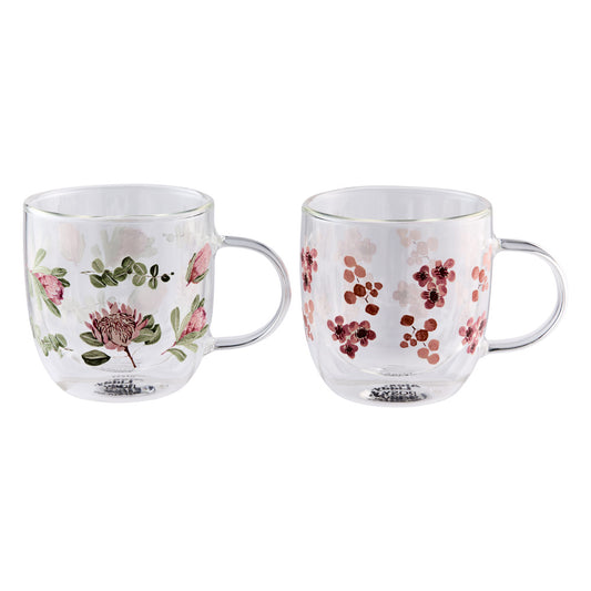 Alex Liddy Posy Set of 2 Double Wall Glass Mugs 350ml with flowers at House