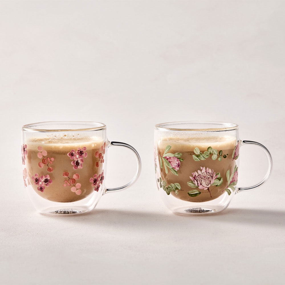 Alex Liddy Posy Set of 2 Double Wall Glass Mugs 350ml with flowers at House