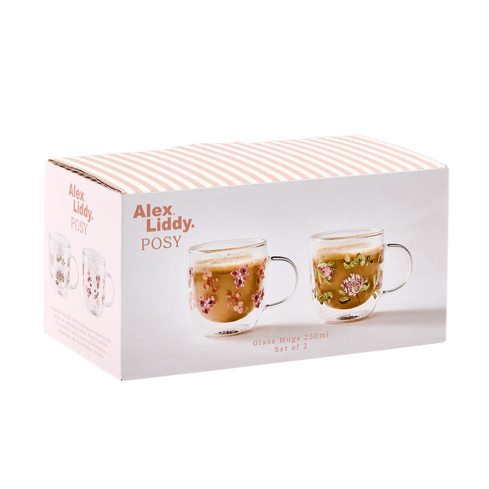 Alex Liddy Posy Set of 2 Double Wall Glass Mugs 350ml with flowers at House