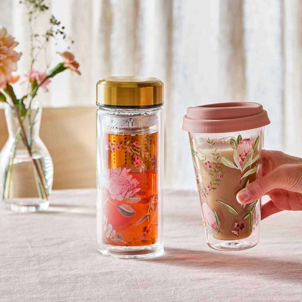 Alex Liddy Posy Glass Drink Bottle With Infuser and glass coffee cup at House