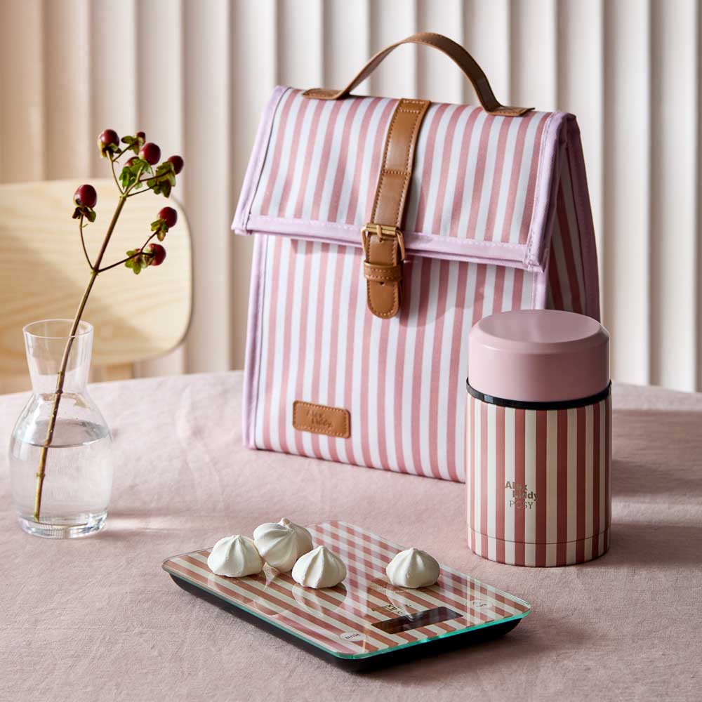 Alex Liddy Posy Lunch Bag Pink Stripe with food jar at House