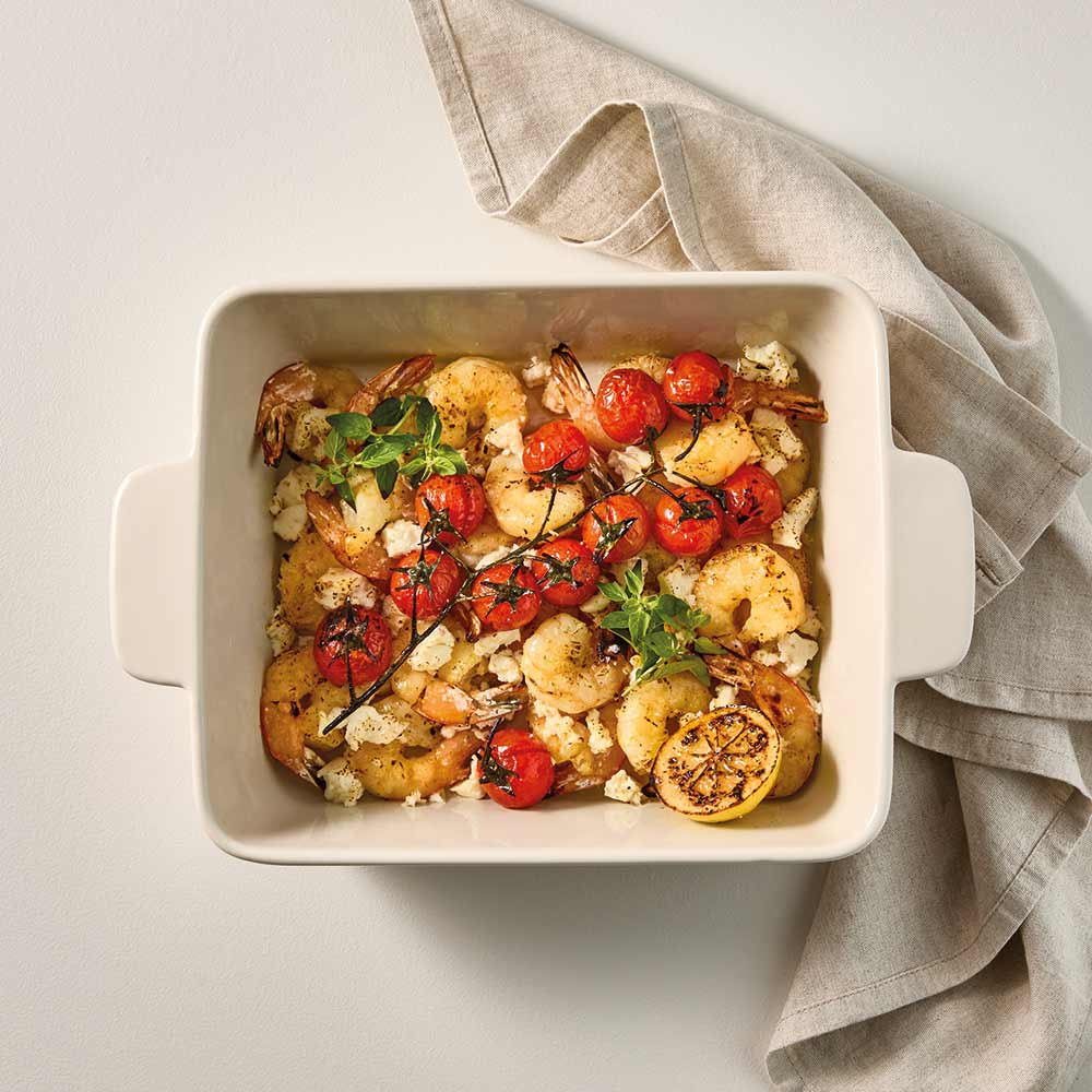 OvenBake Rectangular Baker 2.6L Oat Cream with baked prawns at House
