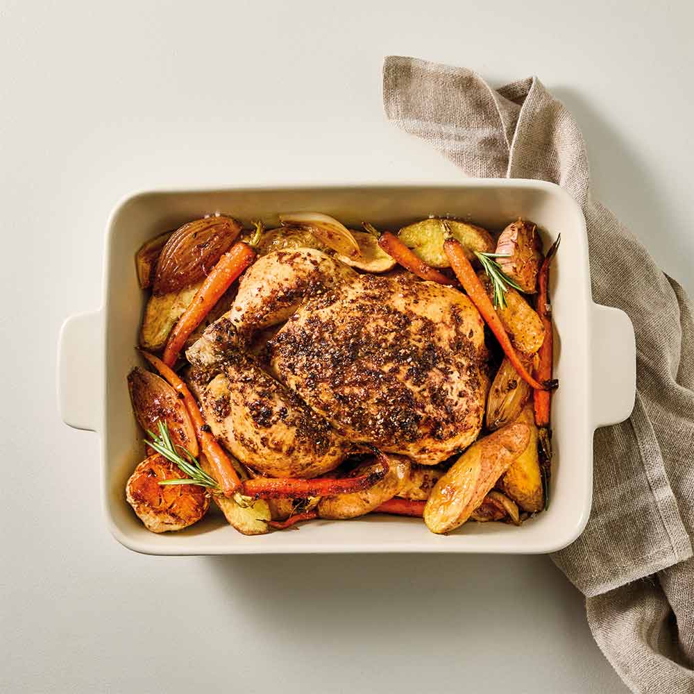 OvenBake Lasagne Baker 4L Oat Cream at with roast chicken and vegetables -House