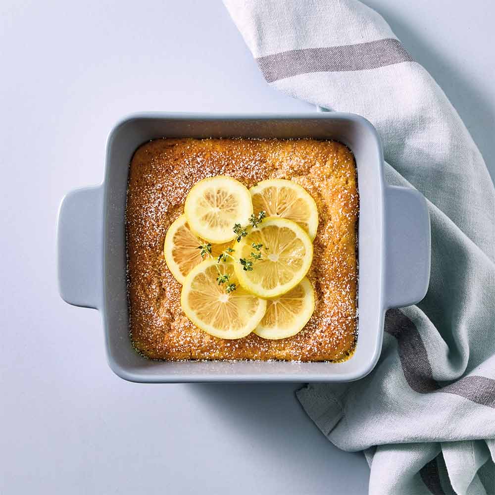OvenBake Square Baker 1.5L Powder Blue with lemon sponge at House