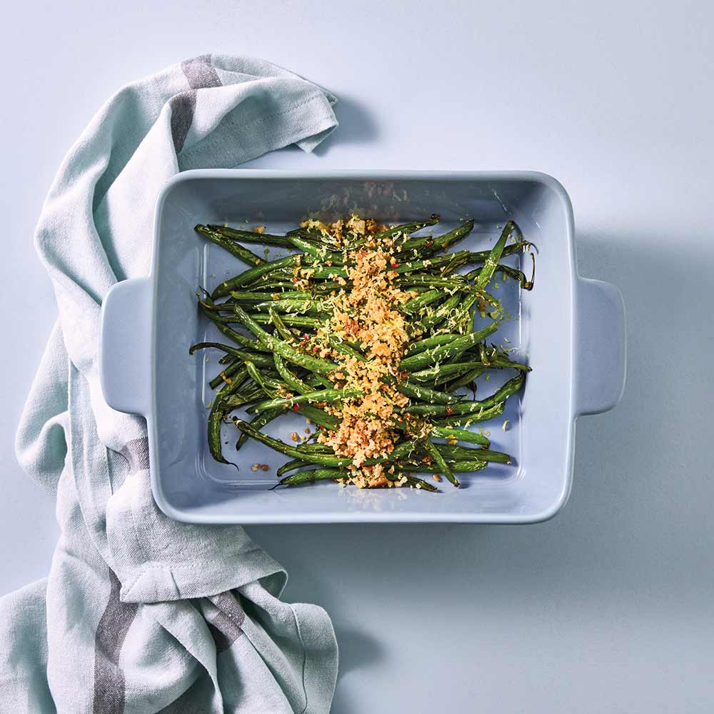 OvenBake Rectangular Baker 2.6L Powder Blue with baked long string beans at House