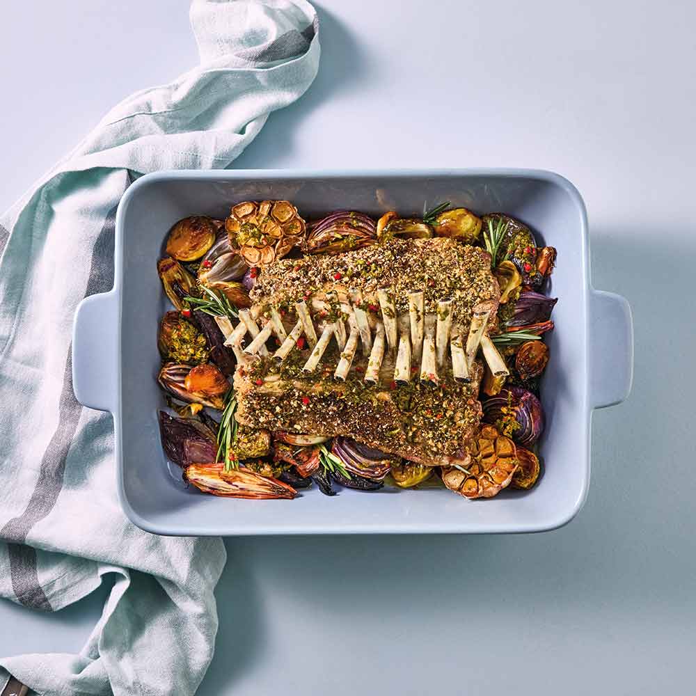 OvenBake Lasagne Baker 4L Powder Blue with rack of lamb at House