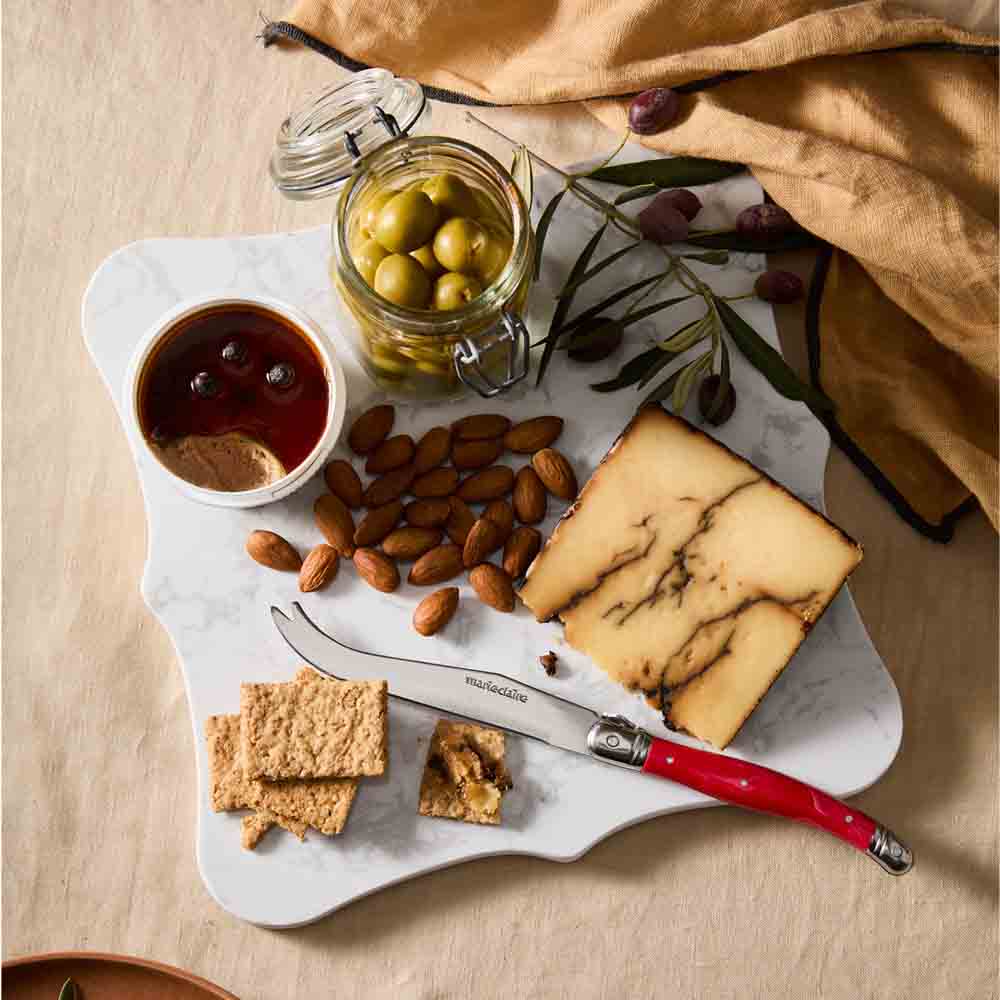 Square marble Board with red Cheese Knife and charcuterie - House