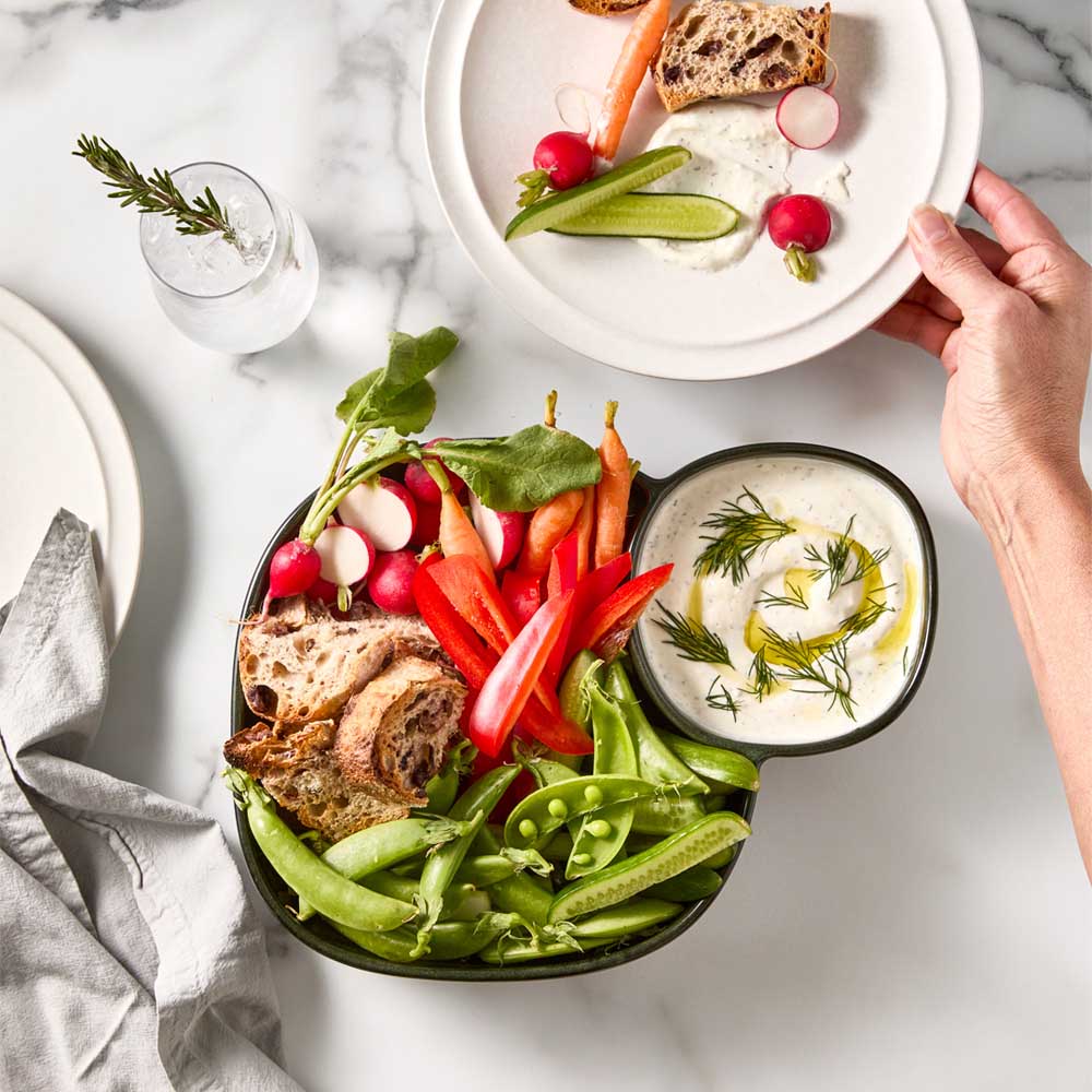 Green Divided Serving Platter with vegetables and dip - House