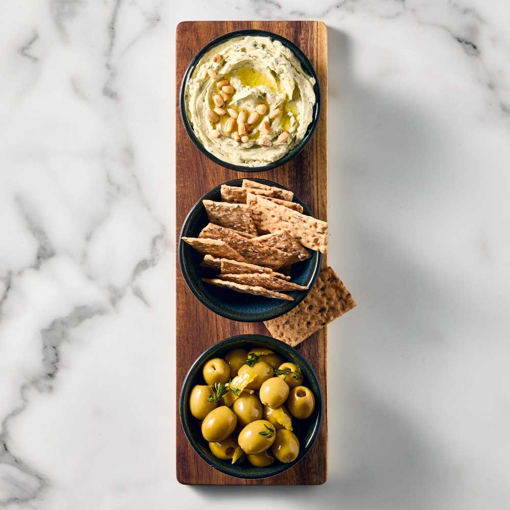 Serving Board with 3 Green Bowls with dip, olives, and crackers - House
