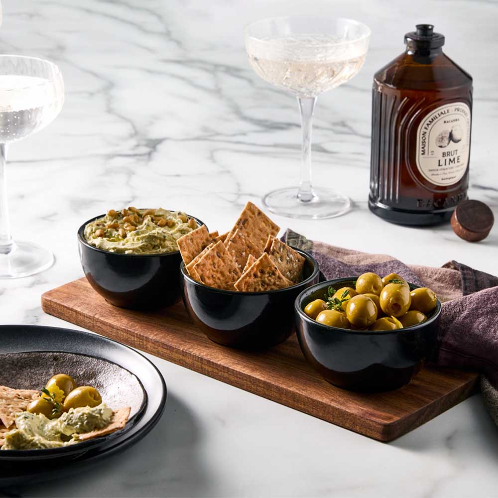 Serving Board with 3 Green Bowls with dip, olives, and crackers - House