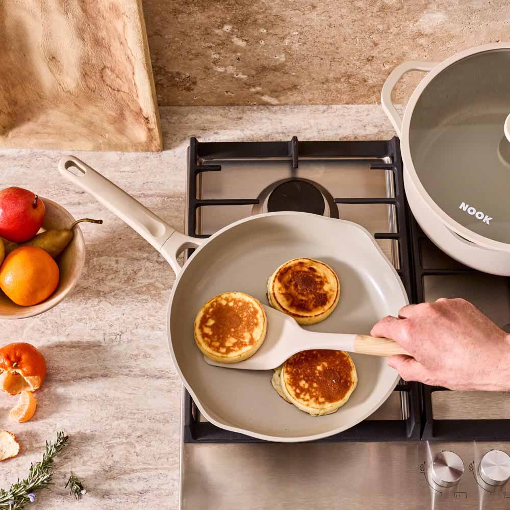 picklets cooked in a cream frypan on the stovetop
