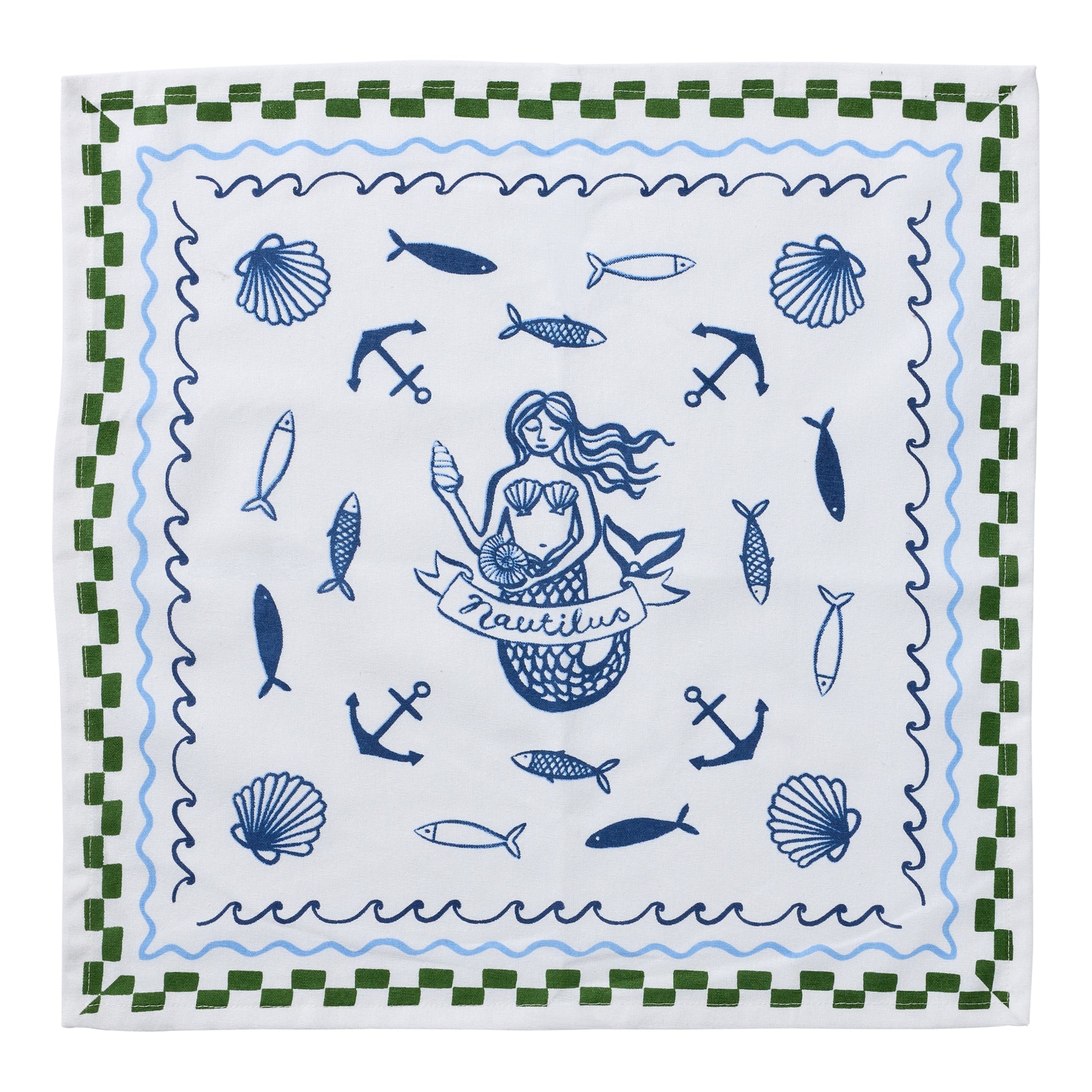 Porto Natutilus napkin with oceanic motifs in a deep blue, and a green checkered pattern around the edges.