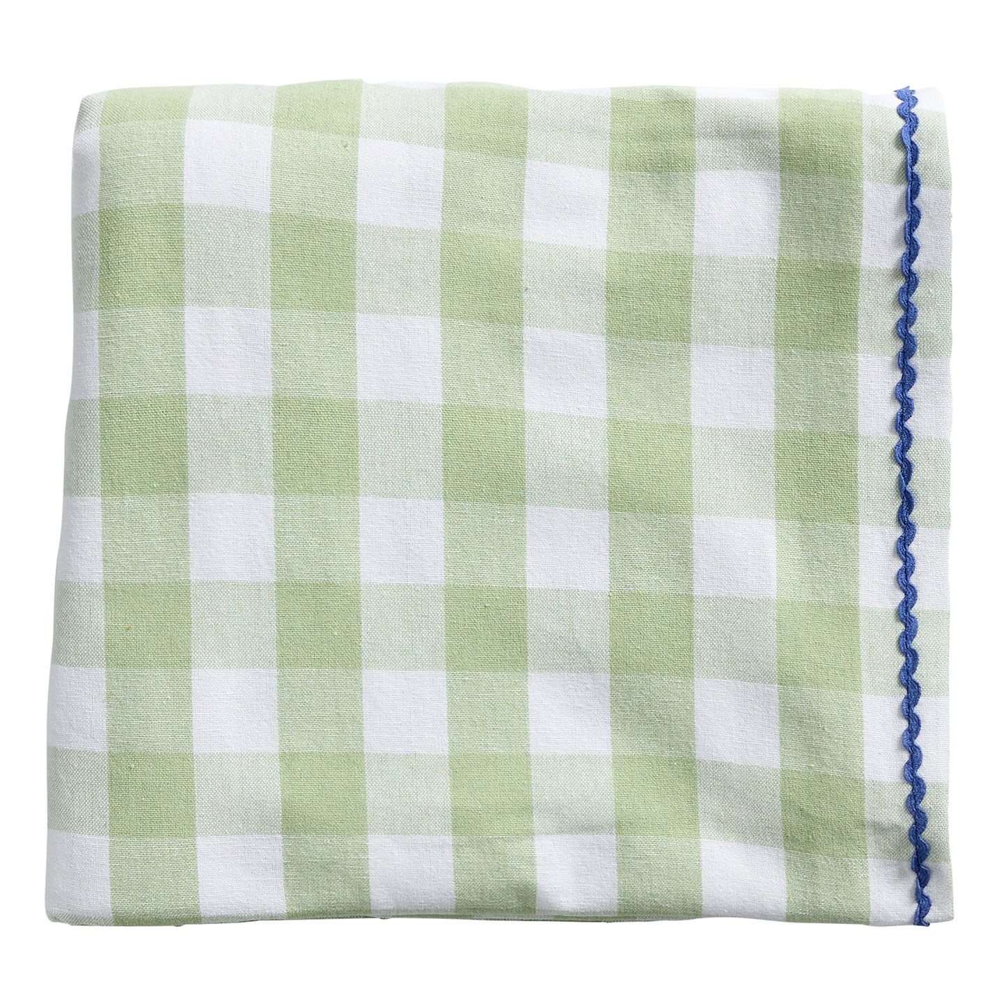 The Porto tablecloth with a sage gingham design and blue curved stitching on the edges.