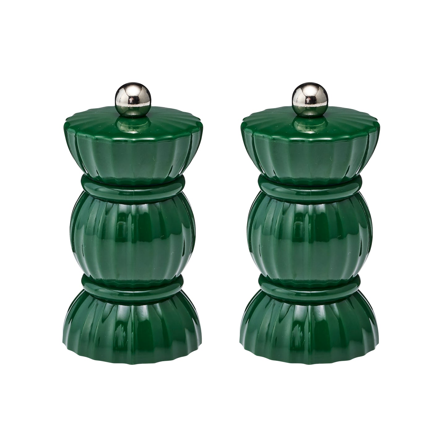 The Porto salt and pepper grinders are shaped like a bon bon and have a shiny forest green finish.