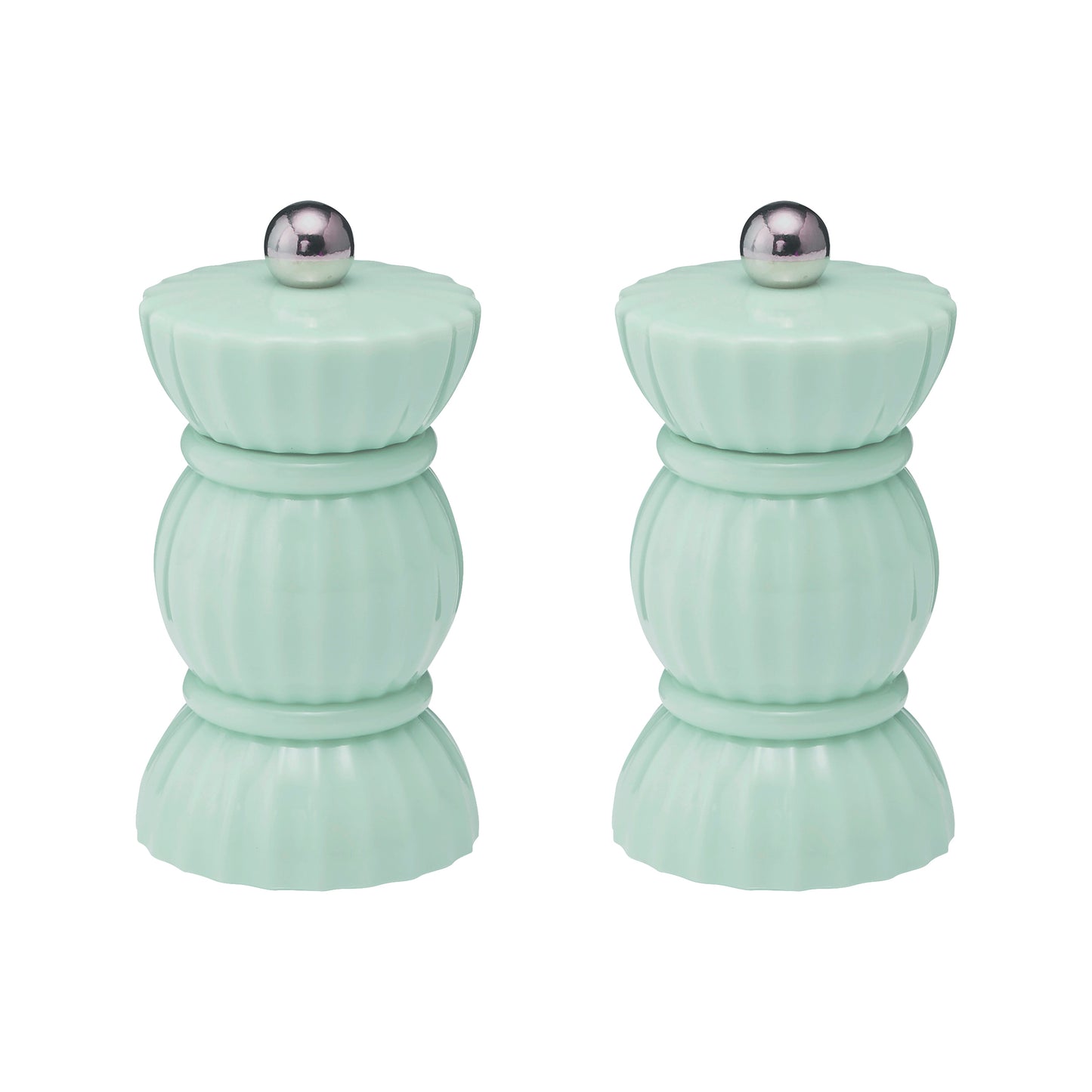 The Porto salt and pepper grinders are in the shape of bon bons and are a soft sage colour.