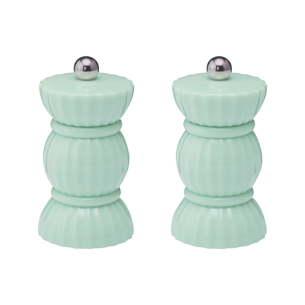 The Porto salt and pepper grinders are in the shape of bon bons and are a soft sage colour.