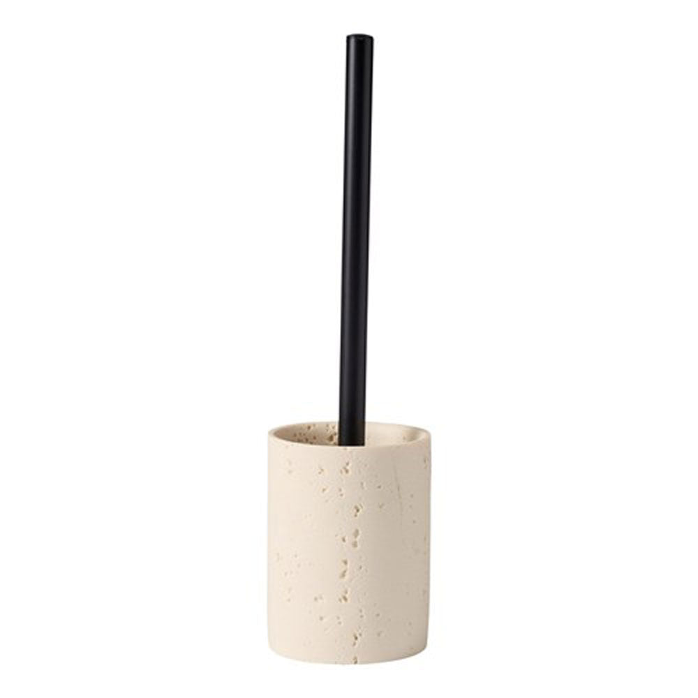The Porto Met toilet brush holder is in a cream colour and is a circular shape.